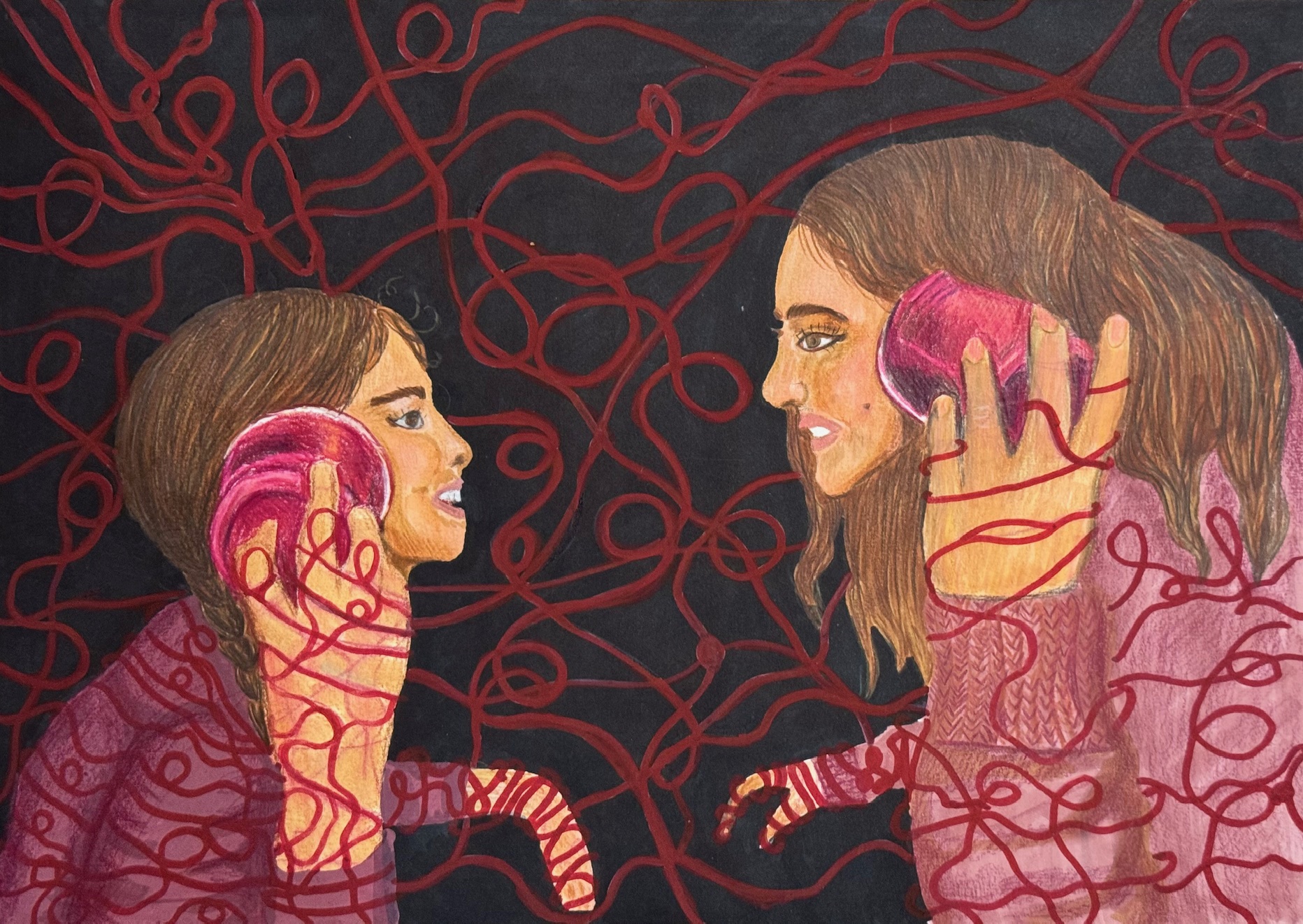 The Thread Between Us — Ink pen, gouache and color pencil onpaper