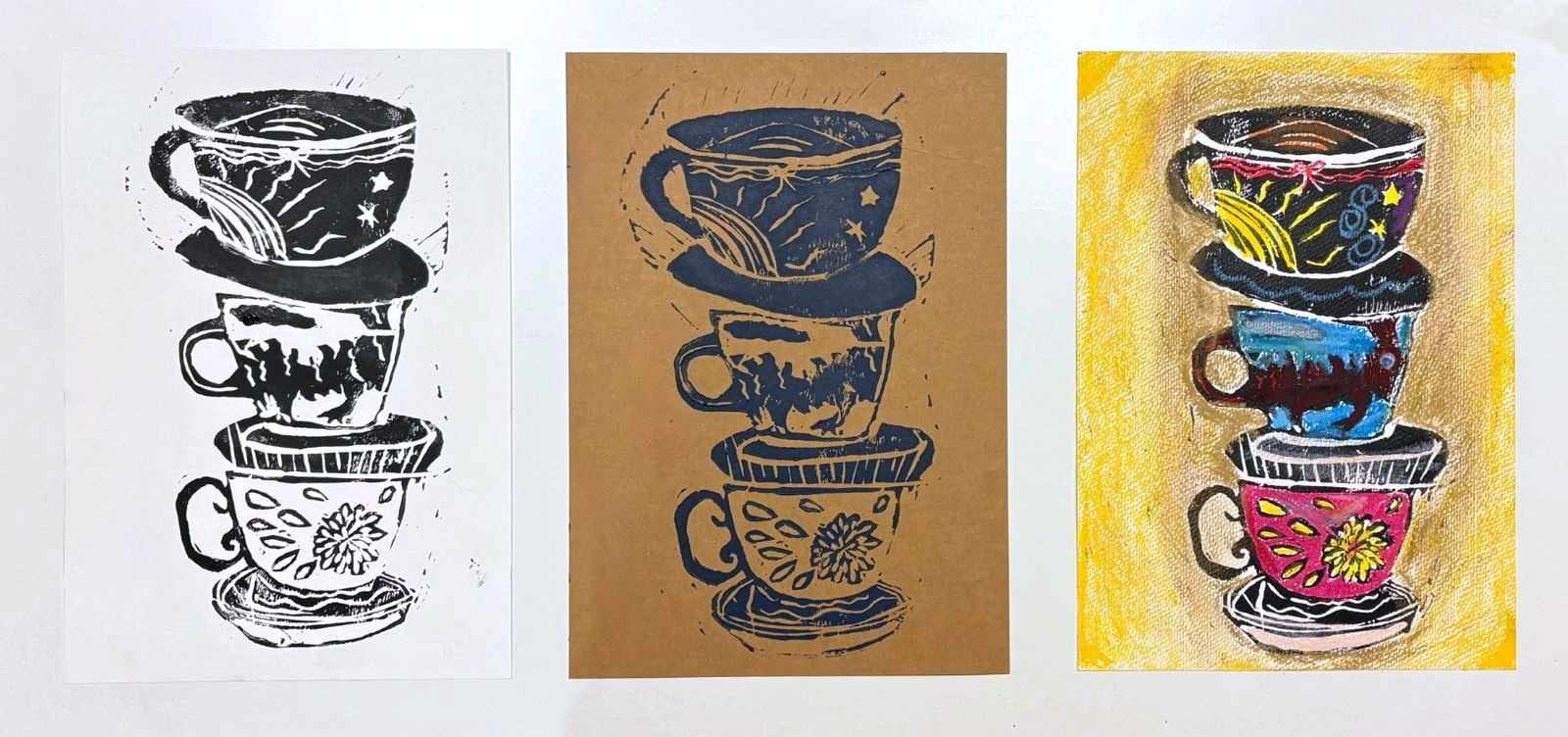 Teacups — Lino print and oil pastels